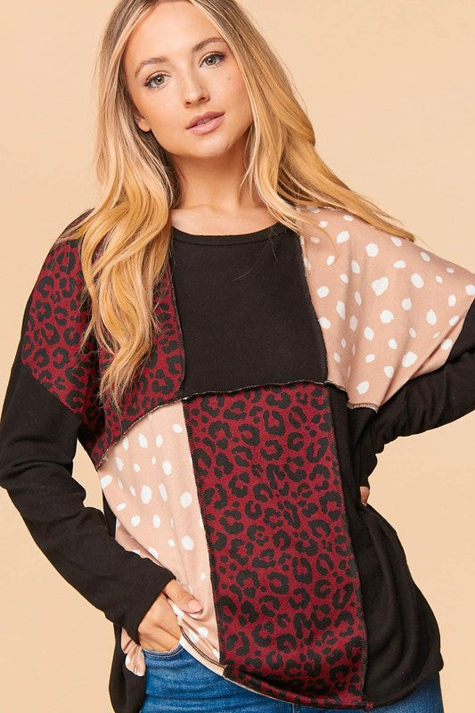 Cashmere Feel Leopard Print Patch Work Sweater