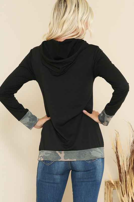 Hoodie Long Sleeve Print Detail Top - Black and Camo