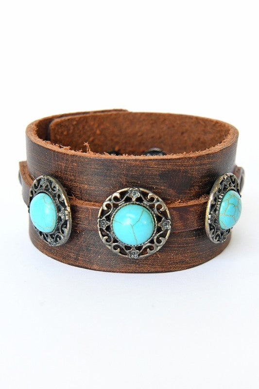 Embellished Leather Bracelet with Turquoise Stones