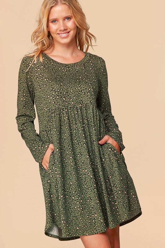 Leopard Animal Print Long Sleeve Baby Doll Swing Dress with side Pockets-Olive Green