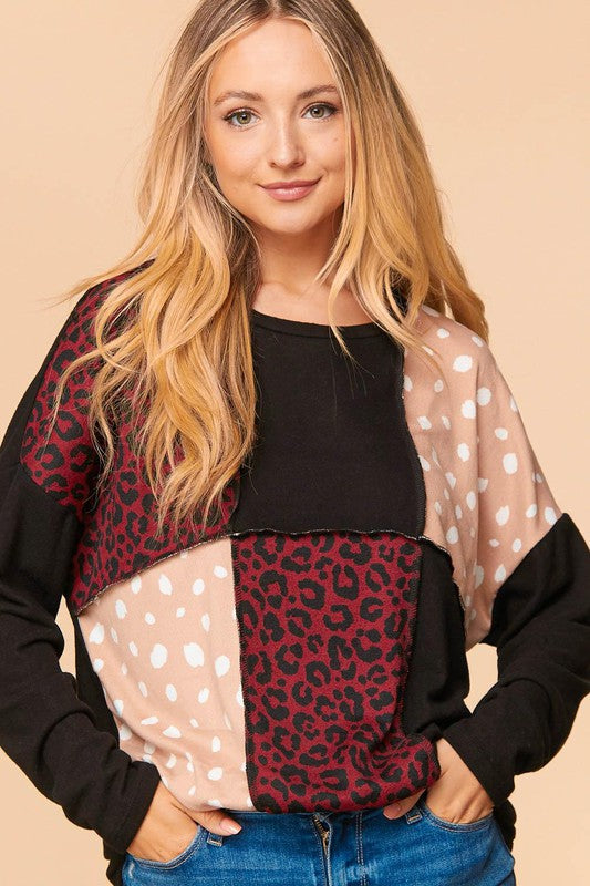 Cashmere Feel Leopard Print Patch Work Sweater